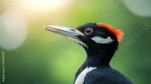 Close-up portrait of male Ivory-billed Woodpecker with distinctive red crest and black plumage against blurred green natural background, wildlife photography. photo