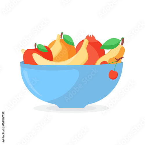 Bowl with fruits. Bananas, apples, pomegranate, cherry, orange, pear. Vector.