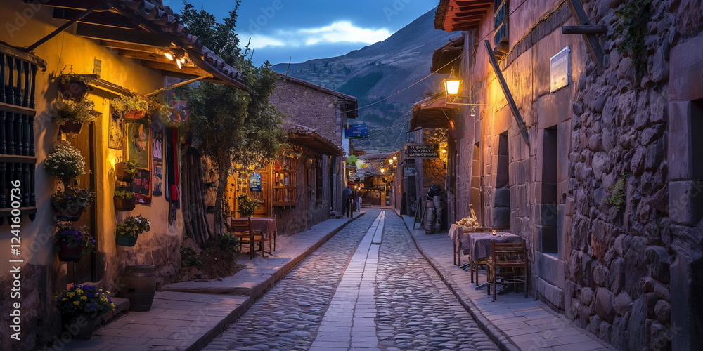 Fototapeta premium At night In the evening the streets of Pisac are f_001
