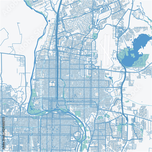Map of Laredo in Texas in a professional blue style. Contains layered vector with roads water, parks, etc.