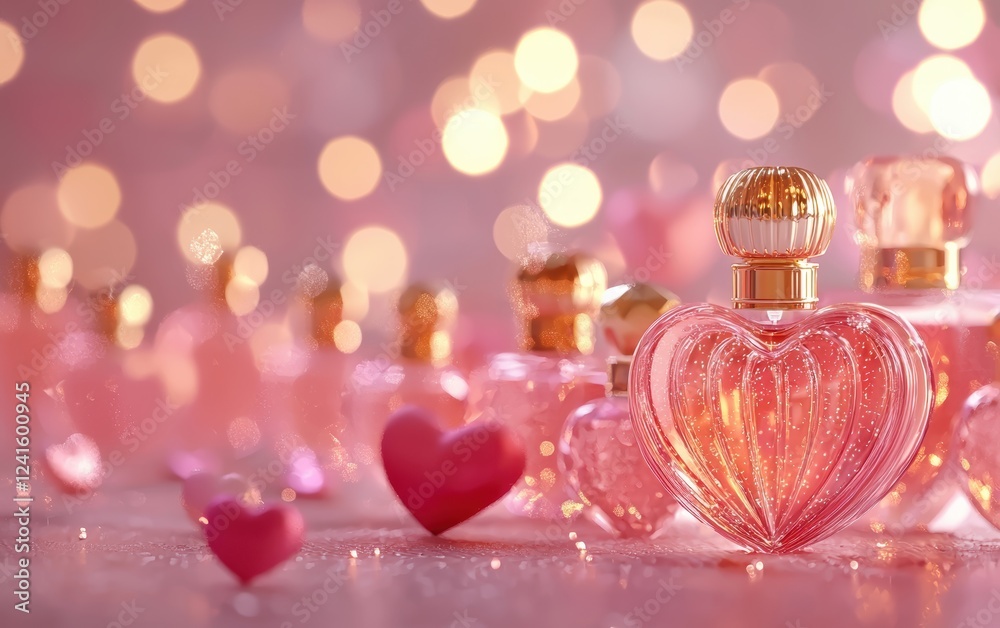 Dreamy mockup background with space for text designed with a collection of beautifully wrapped perfume bottles, set against a glowing pink and gold heart-themed backdrop for Saint Valentines Day Dreamy mockup background with space for text designed with a collection of beautifully wrapped perfume bottles, set against a glowing pink and gold heart-themed backdrop for Saint Valentines Day