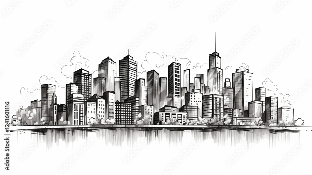 Fototapeta premium City, front view, an icon, a simple black and white sketch isolated on a white background, without people, a picture, image for printing on a T-shirt