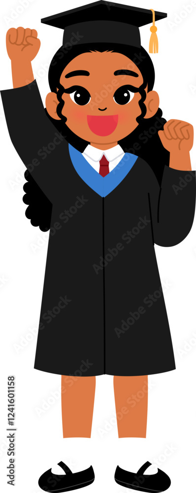 happy young black female graduate raising fist up for success school, commencement illustration happy young black female graduate raising fist up for success school, commencement illustration