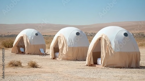 Desert glamping experience remote oasis luxury accommodation arid environment wide angle view eco-friendly travel photo