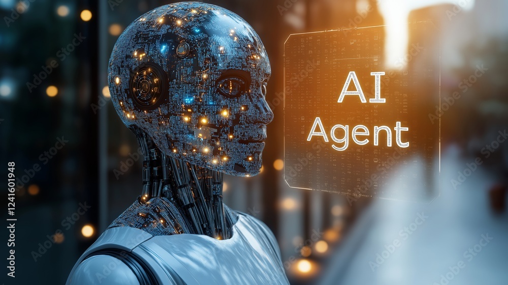 Fototapeta premium A humanoid AI Agent robot and a holgram symbolizing collaboration in business and teamwork using agentic technology and autonomy to create AGI efficiency