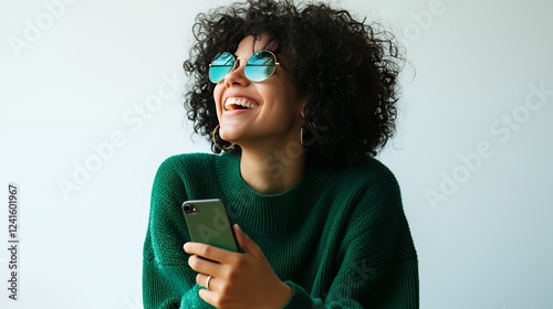 a portrait of a young woman wearing glasses and a green sweater laughing while holding a cellphone 