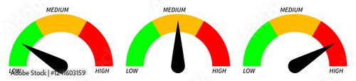 Set of Speedometer, Tachometer Sign Gauge, Low Medium High Symbol Vector Illustration
