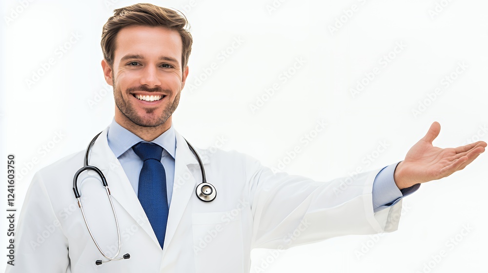 portrait of a happy male doctor with white coat and stethoscope smiling with arms open and showing ok sign photo portrait of a happy male doctor with white coat and stethoscope smiling with arms open and showing ok sign photo