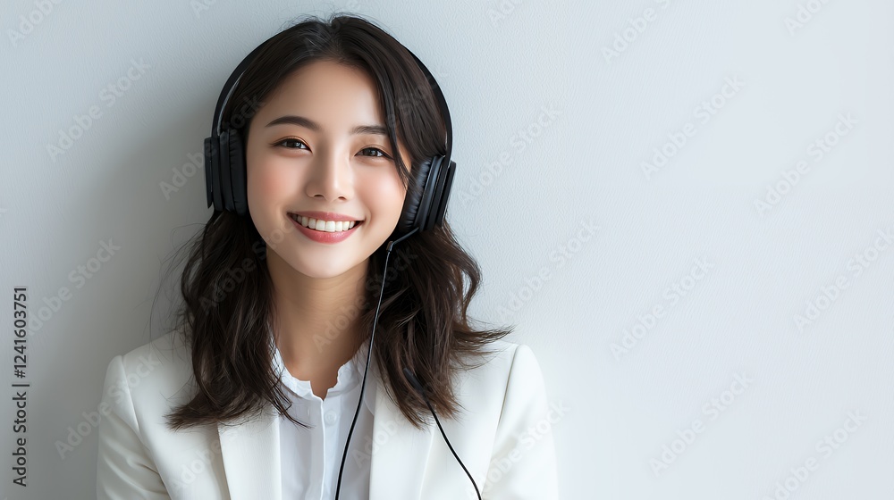 a young woman wearing headphones smiles while leaning against a white wall a young woman wearing headphones smiles while leaning against a white wall