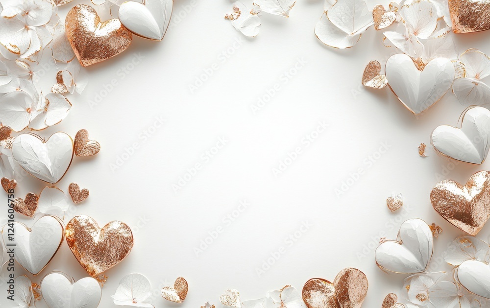 Obraz premium Luxury mockup background with space for text decorated with elegant gold and white heart ornaments for a timeless romantic aesthetic for Saint Valentines Day and 8 March International Womens Day