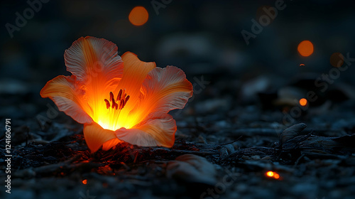 Glowing flower at night, embers background, nature scene, website banner