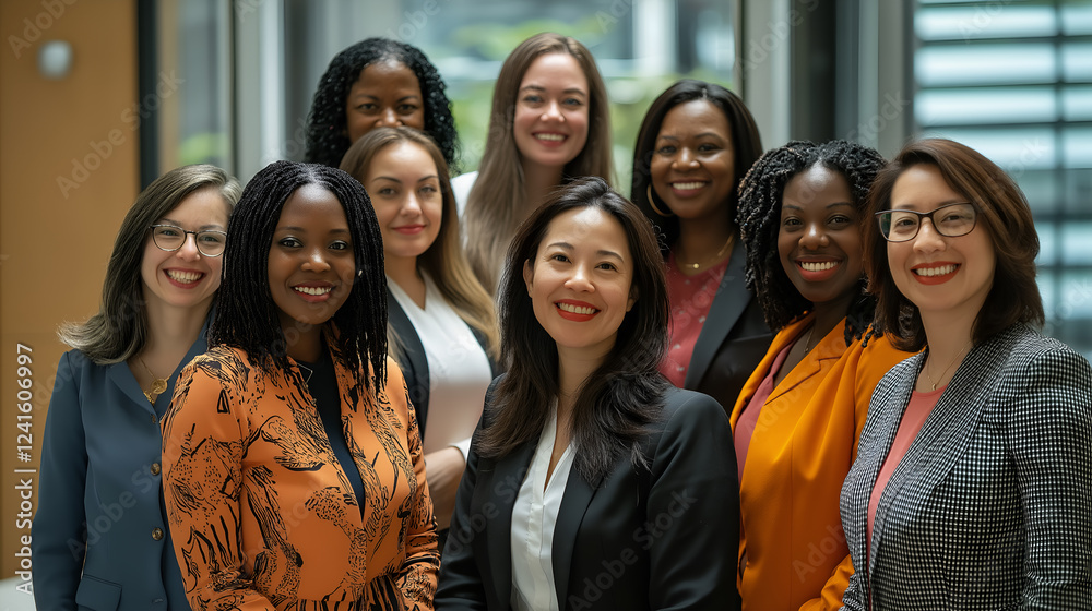 Portrait of a diverse group of smiling ethnic business women standing together in the office Portrait of a diverse group of smiling ethnic business women standing together in the office