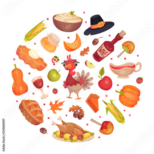 Thanksgiving Round Composition with Autumn Fest Object Vector Template