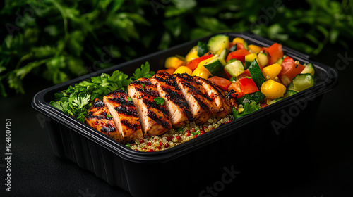 A healthy meal prep setup with grilled chicken, quinoa, and vegetables, symbolizing fitness and nutrition, vibrant tones