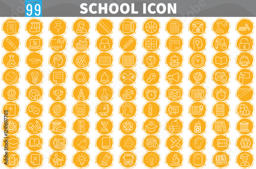 Education Flat Icons, School Elements Black Line Icon, Back to school icon set with 99 different vector icons related with education, success, academic subjects and more.