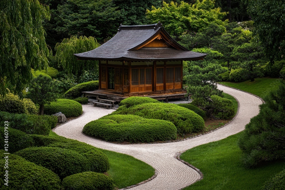 Aerial photography of a serene japanese garden with maple trees Aerial photography of a serene japanese garden with maple trees