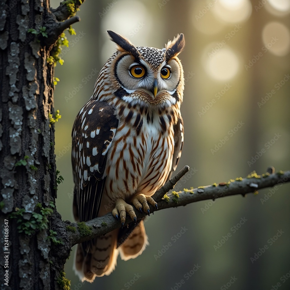 Great Horned Owl on a tree branch.