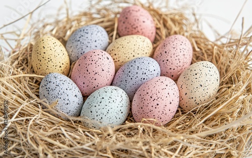 Mockup background with space for text featuring softly speckled pastel Easter eggs arranged in a natural straw nest for a warm and rustic holiday theme for Easter