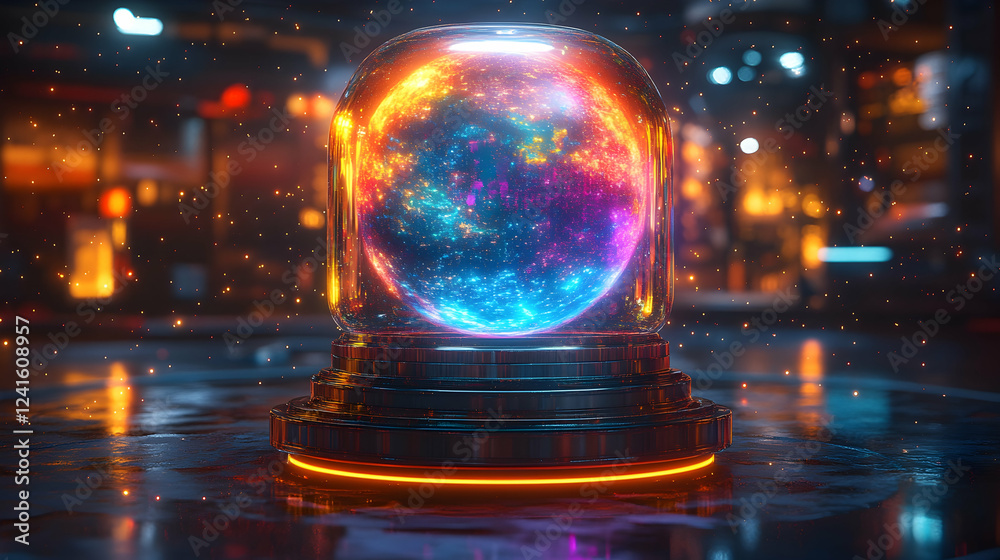 Fototapeta premium Glowing orb in futuristic dome, city backdrop; sci-fi concept art