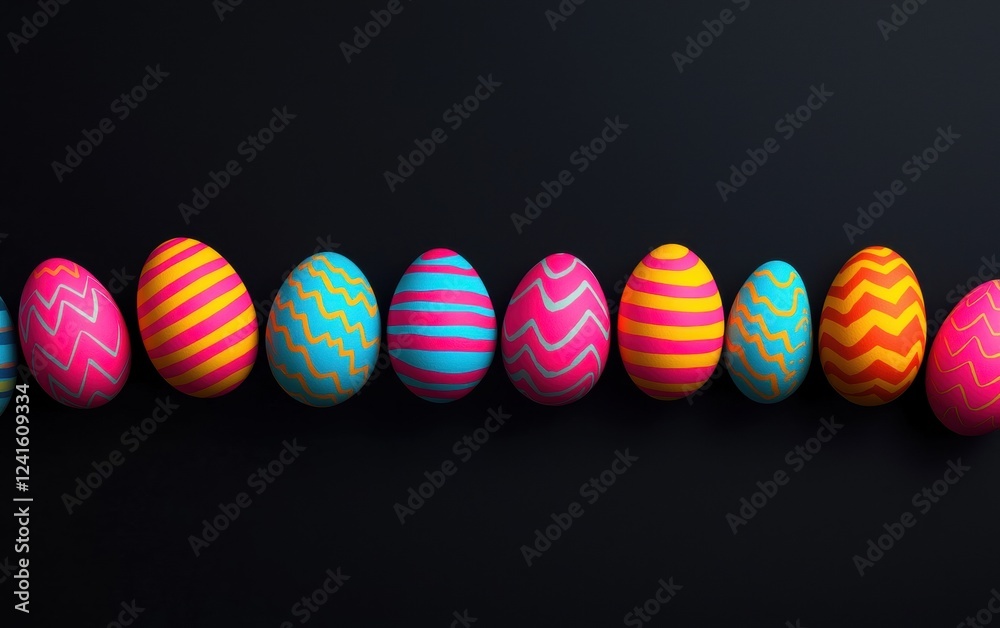 Fototapeta premium Chic mockup background with space for text featuring high-contrast neon-glowing Easter eggs arranged artistically against a sleek black backdrop for Easter