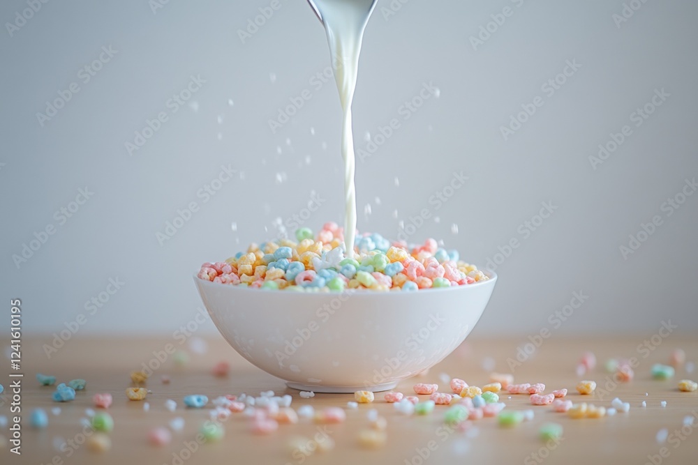 Colorful Cereal Loops in a White Bowl with Pouring Milk on a Wooden Table Colorful Cereal Loops in a White Bowl with Pouring Milk on a Wooden Table