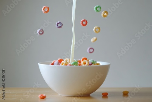 Colorful Cereal Loop Rings in a White Bowl with Milk on a Wooden Table