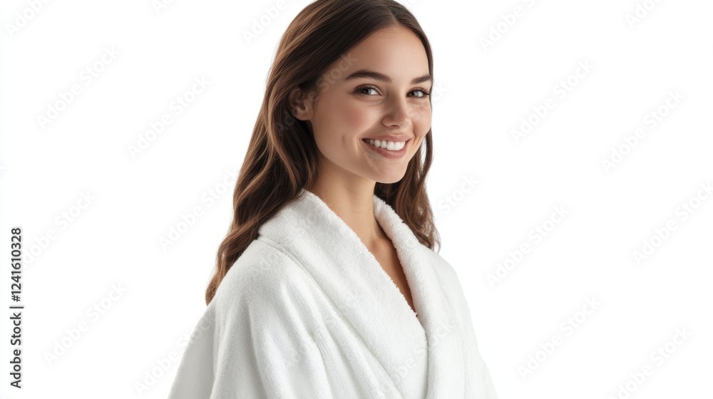 Smiling young woman with long brown hair in white bathrobe against a bright white background conveying relaxation and comfort in a spa-like setting. Smiling young woman with long brown hair in white bathrobe against a bright white background conveying relaxation and comfort in a spa-like setting.