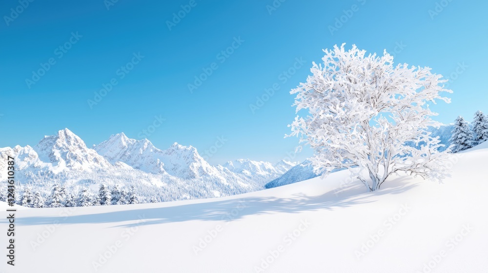 Snowy mountain landscape, single tree, winter scene