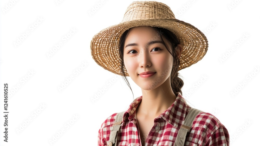 portrait of a young Asian woman farmer wearing a straw hat and checkered shirt against a bright white background showcasing agricultural lifestyle and natural beauty portrait of a young Asian woman farmer wearing a straw hat and checkered shirt against a bright white background showcasing agricultural lifestyle and natural beauty