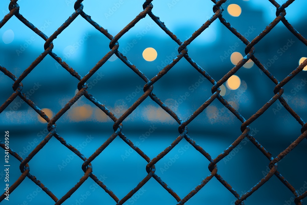 Fototapeta premium Rusty Chain Link Fence Close up with Blurred City Lights Background at Dusk