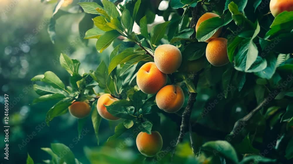 Close-up view of ripe, orange-hued peaches on a tree branch, surrounded by lush green leaves. Sunlight filters through the foliage, creating a warm, natural light. The overall mood is serene and Close-up view of ripe, orange-hued peaches on a tree branch, surrounded by lush green leaves. Sunlight filters through the foliage, creating a warm, natural light. The overall mood is serene and