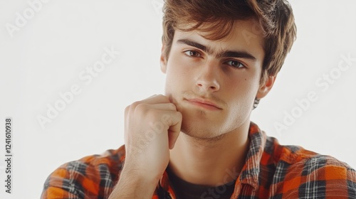 Pensive young casual man with medium brown hair and a thoughtful expression in a plaid orange and black shirt against a white background.