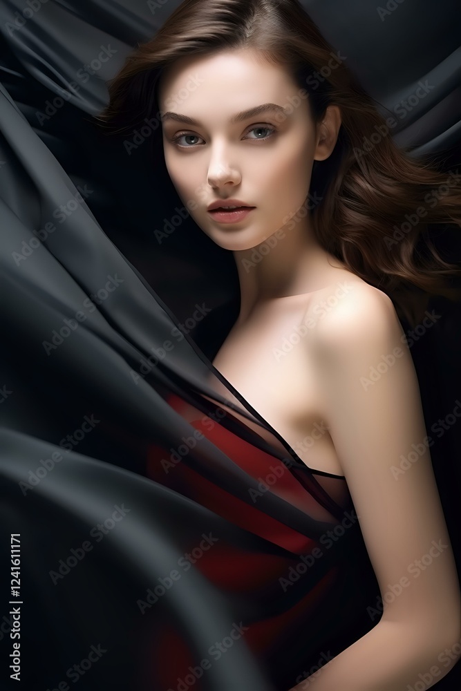 Young Caucasian woman with flowing brown hair and natural makeup against dark fabric background with red accent, dramatic studio lighting creates sensual glamour portrait. Young Caucasian woman with flowing brown hair and natural makeup against dark fabric background with red accent, dramatic studio lighting creates sensual glamour portrait.