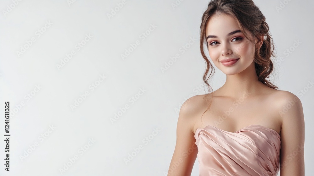 Stunning young woman wearing a soft pink dress smiling warmly while standing against a clean white background, holding copy space for product placement. Stunning young woman wearing a soft pink dress smiling warmly while standing against a clean white background, holding copy space for product placement.