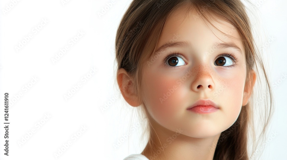 Portrait of a thoughtful young girl with brown eyes and light brown hair looking upwards against a soft white background, capturing innocence and curiosity. Portrait of a thoughtful young girl with brown eyes and light brown hair looking upwards against a soft white background, capturing innocence and curiosity.