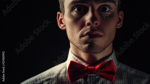 Portrait of a young man with a serious expression wearing a checkered shirt and striking red bow tie against a dark background, conveying emotion. photo