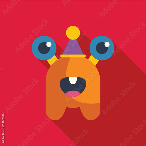 Cartoon style orange monster with big eyes, party hat, and open mouth smile on a vibrant red background