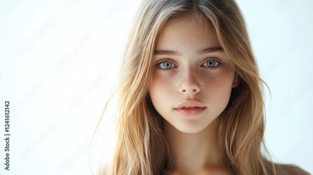 Fototapeta premium Girl teenager with long, light brown hair and blue eyes, captured in a serene portrait against a soft, white background, highlighting youthful beauty.