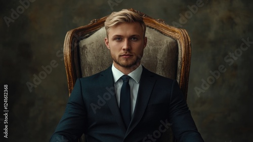 Confident young adult man with blonde hair in a formal dark suit sitting on a vintage ornate chair against a textured background in cinematic colors