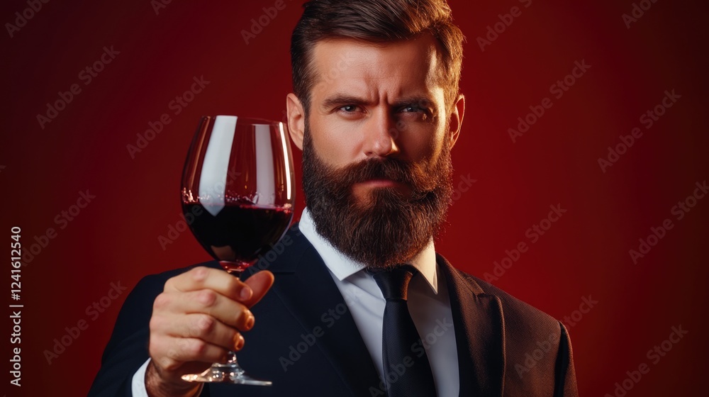 Bearded sommelier in elegant suit raising a glass of red wine against deep burgundy background showcasing wine tasting expertise and connoisseurship