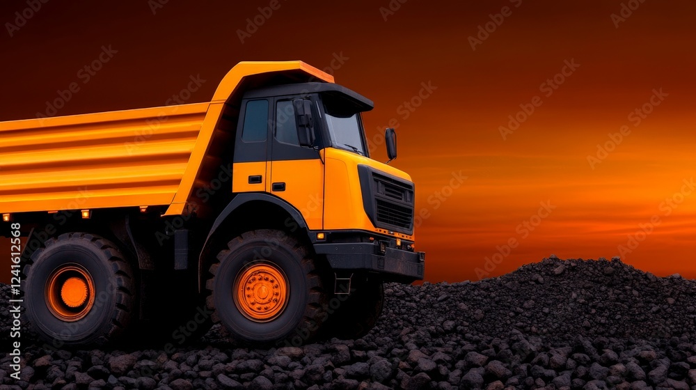 Industrial Powerhouse: A massive yellow dump truck stands poised amidst a backdrop of coal. The scene evokes the raw power and efficiency of the industrial landscape. Industrial Powerhouse: A massive yellow dump truck stands poised amidst a backdrop of coal. The scene evokes the raw power and efficiency of the industrial landscape.