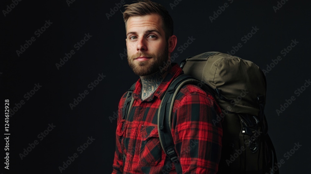 Handsome tattooed man in a red and black flannel shirt carrying a backpack standing confidently in a studio with dark background Handsome tattooed man in a red and black flannel shirt carrying a backpack standing confidently in a studio with dark background