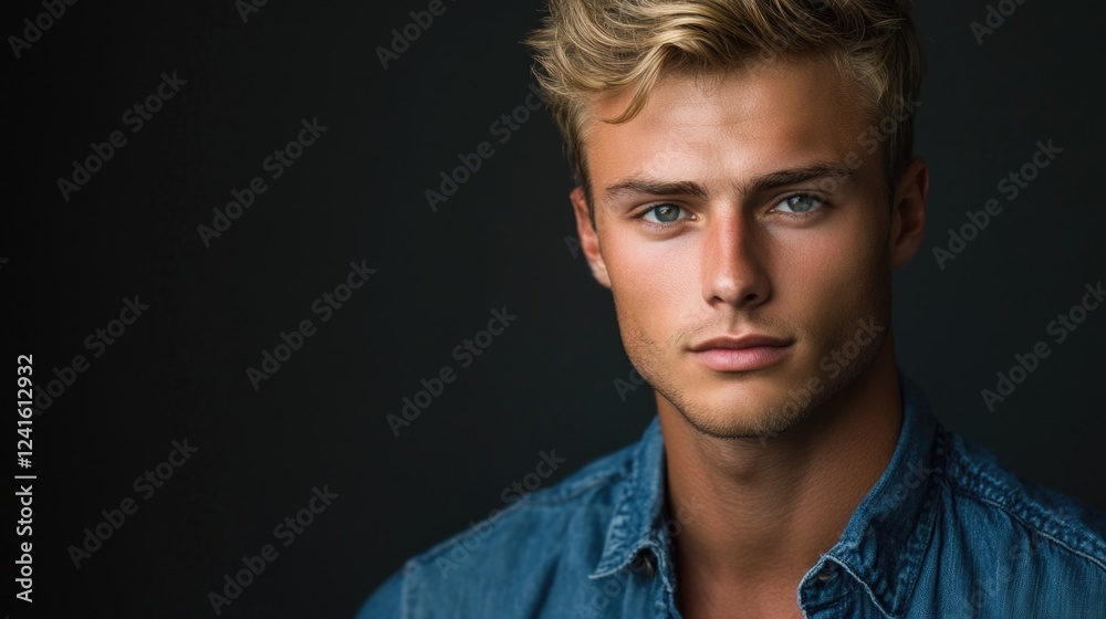 Fototapeta premium Contemporary portrait of young 20-year-old Caucasian man with blonde hair and blue eyes wearing denim shirt against dark background