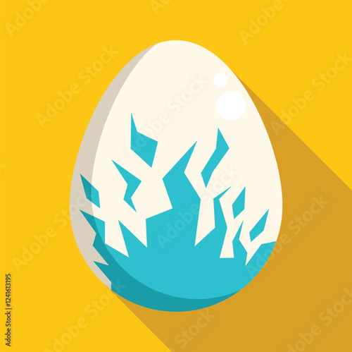 Cracked dinosaur egg is hatching, revealing a bright blue shell beneath, against a vibrant yellow backdrop
