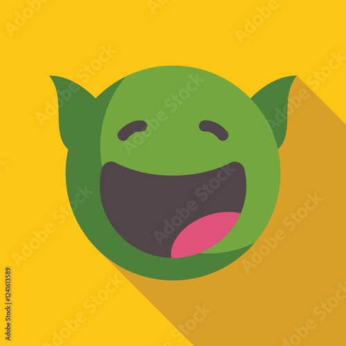 Funny green goblin emoji laughing out loud with a yellow background