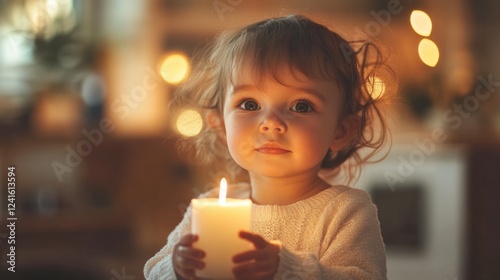 Portrait of a young child with soft curly hair holding a white burning candle in a cozy indoor setting with warm lighting during Earth Hour 2018