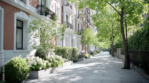 Fototapeta Naklejka Na Ścianę i Meble -  Sunny Parisian street, elegant buildings, lush greenery, peaceful morning