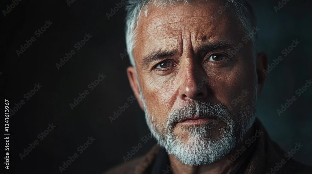 Obraz premium Close-up portrait of a mature 50-year-old man with gray hair and beard, showcasing deep facial features against a dark blurred background.