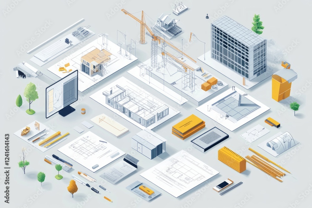 Obraz premium Architectural Design Project Visualization: Blueprint and Construction Tools