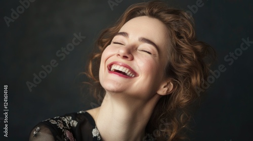 Studio portrait of joyful mid-adult woman with closed eyes laughing heartily against a soft dark background showcasing natural beauty and elegance